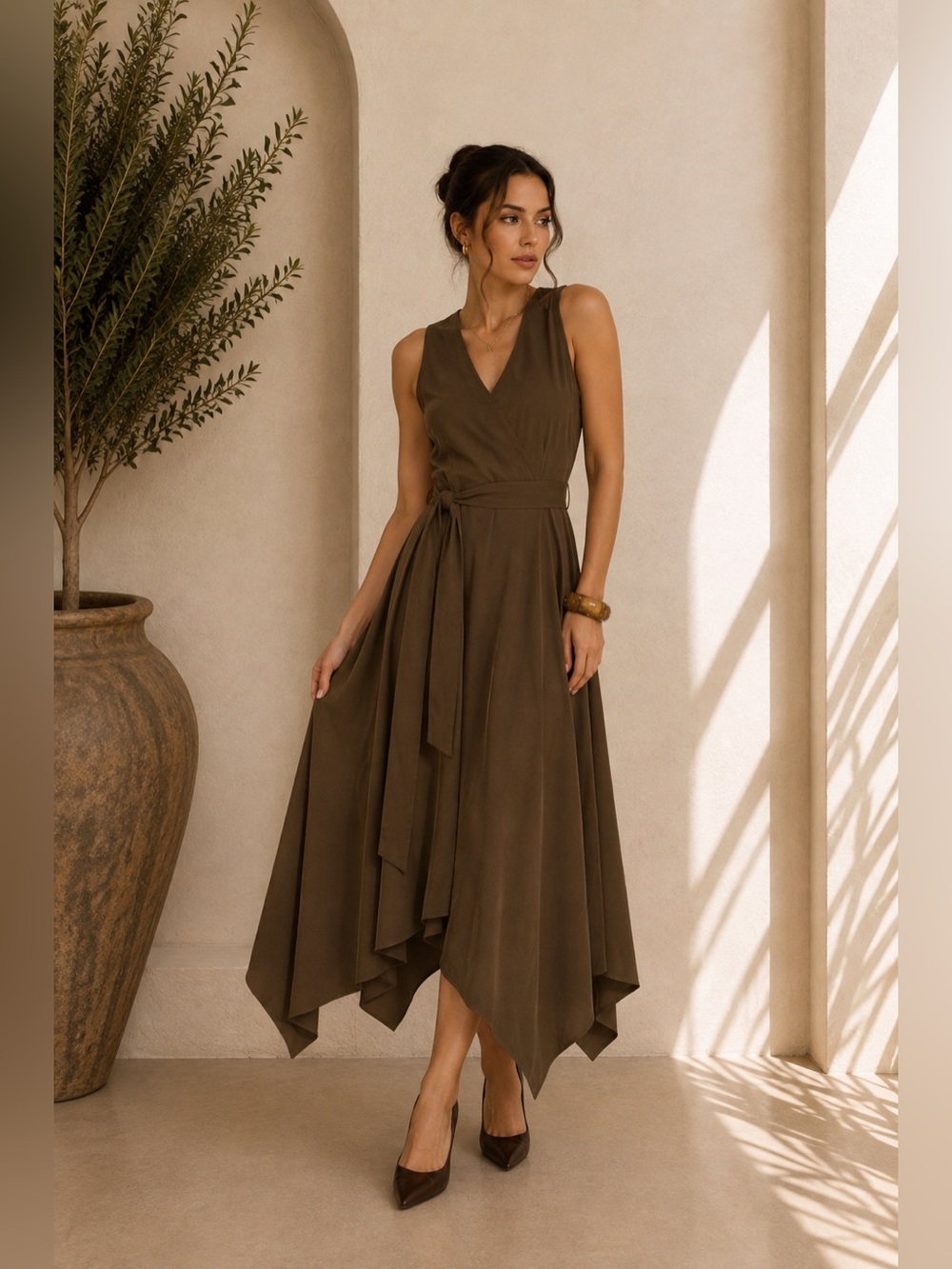 Commense Dark Brown Belted Maxi Dress L | Minimalist Fall Dress